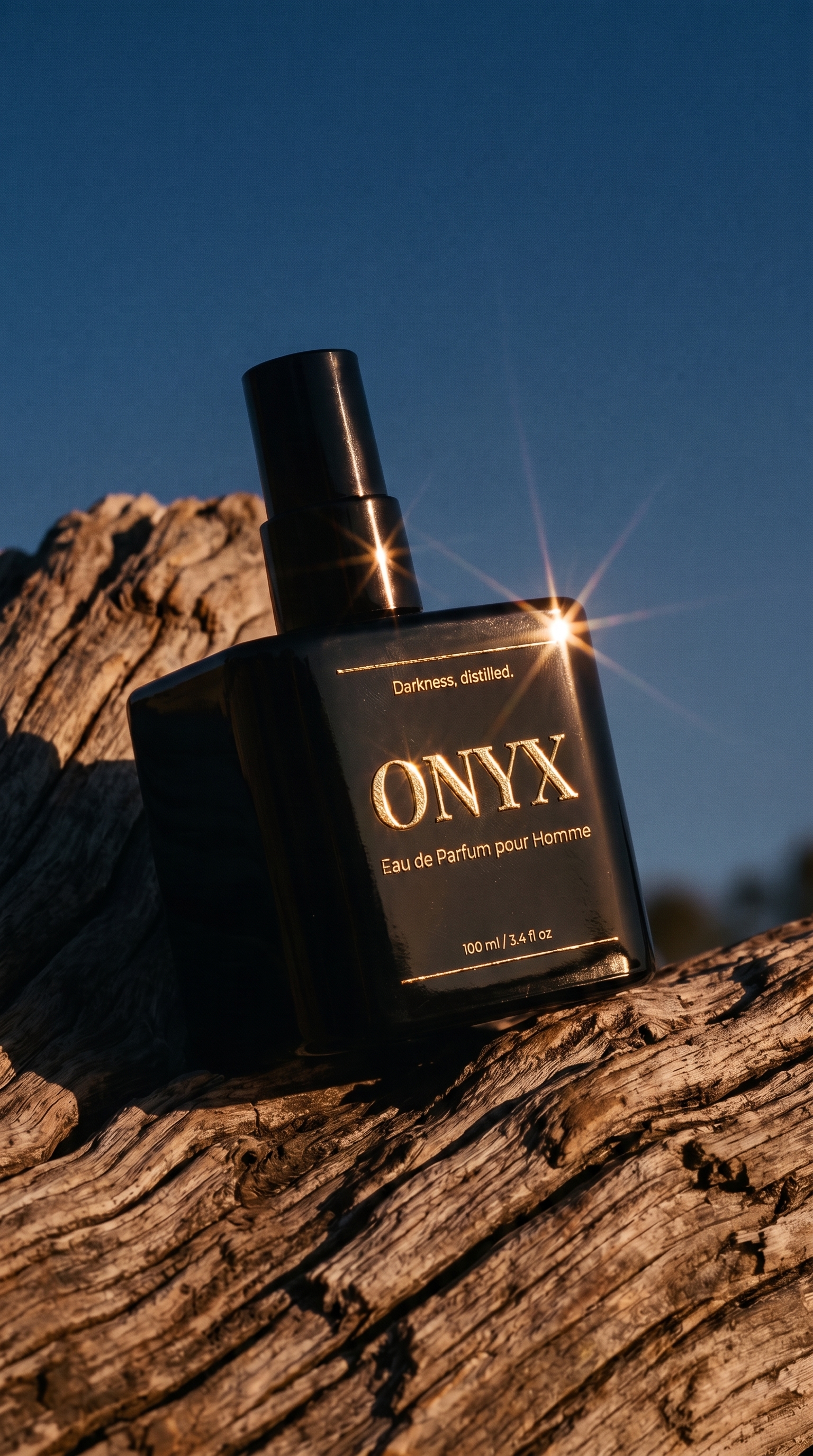 AI product photo of the same ONYX fragrance bottle lit through drifting smoke on a black set