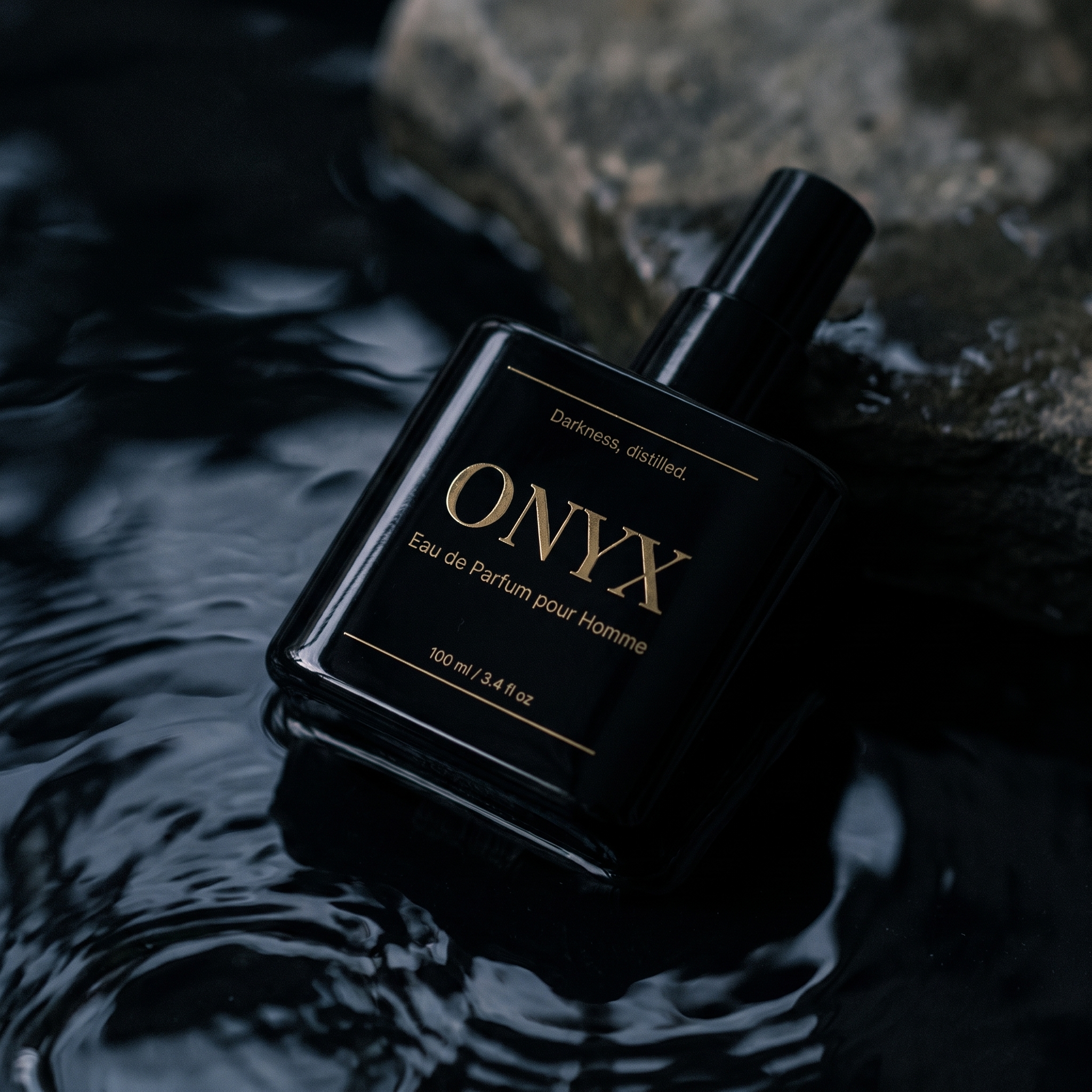 ONYX bottle beside burning charred wood