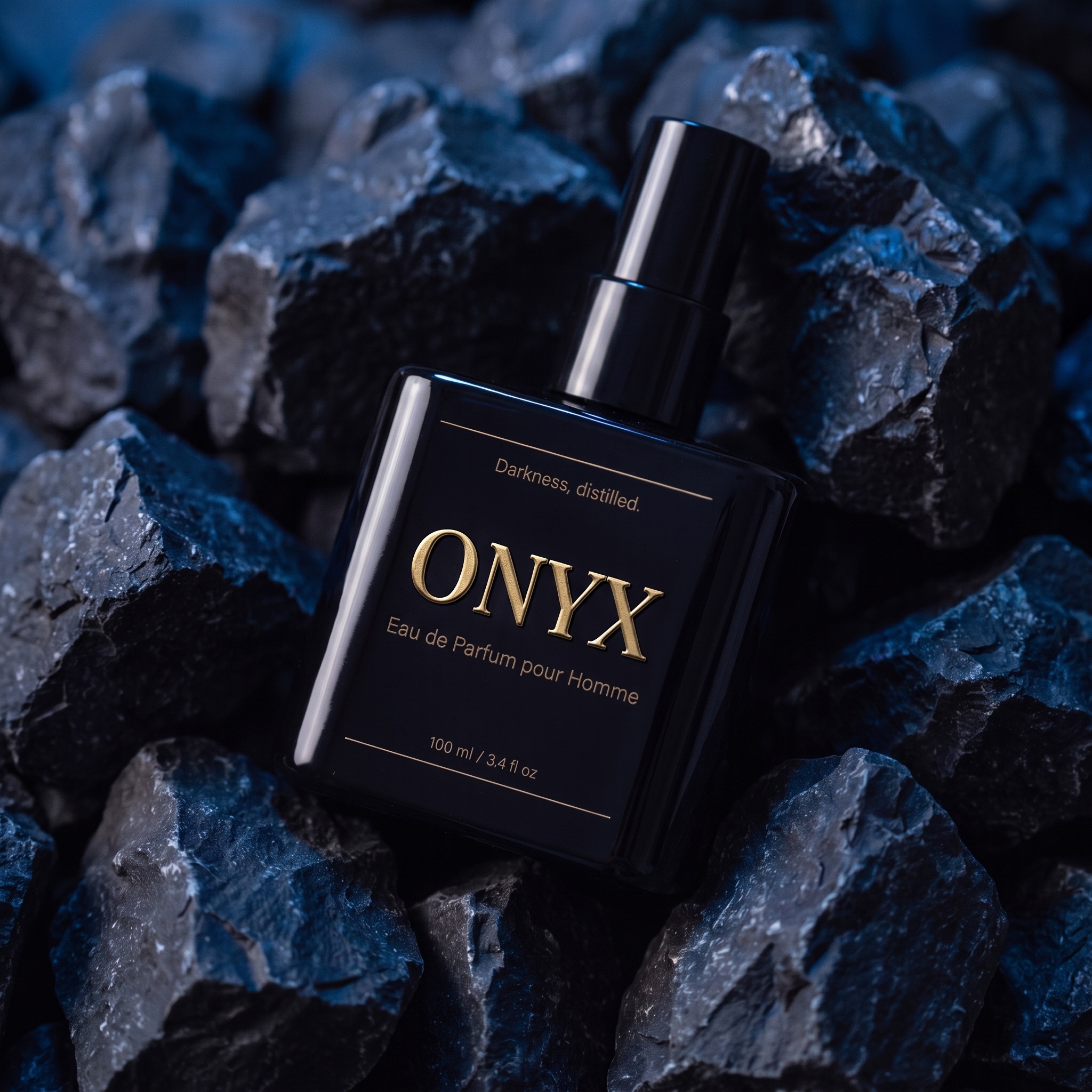 Onyx black fragrance bottle amongst rocks generated by AI